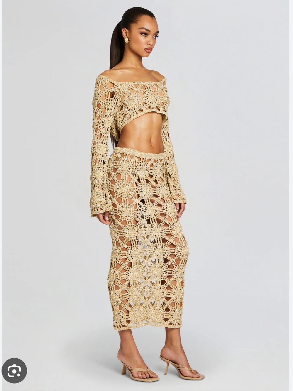 Retrofete Sadie Gold Crochet Maxi Skirt with Beaded Details